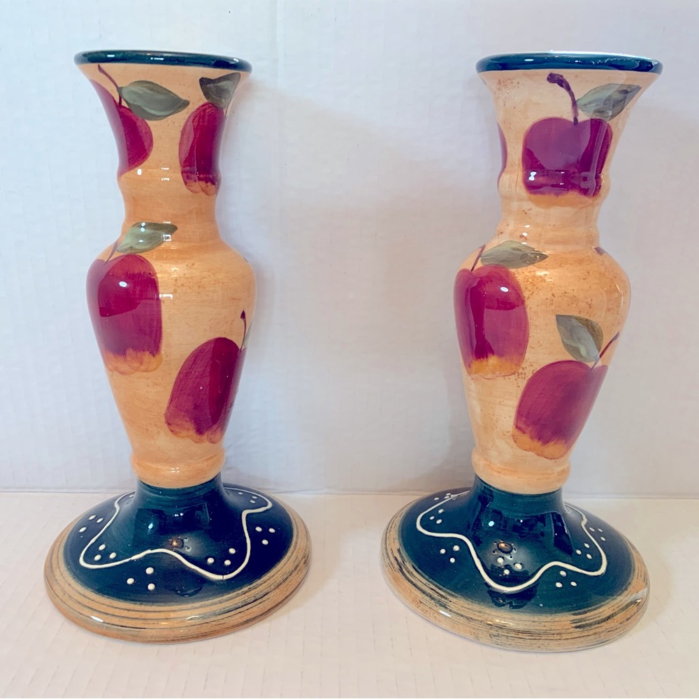 Ceramic Apple Candle Stick Holders Set of 2 Country Cottage Kitchen